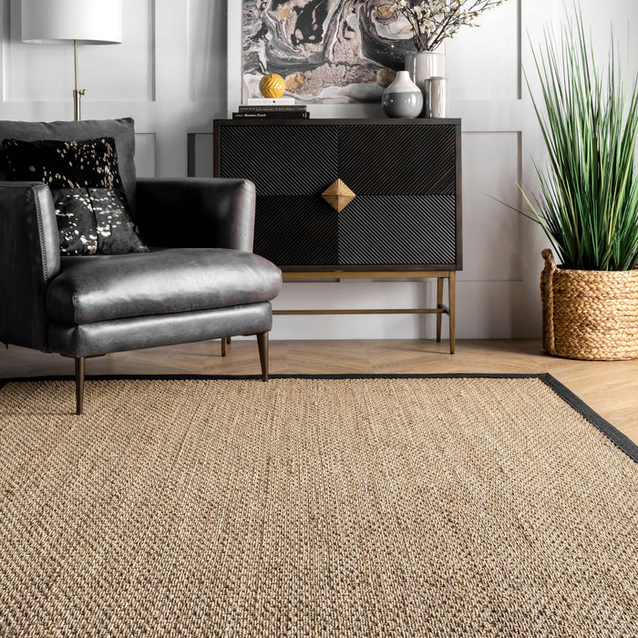 Elijah Seagrass with Border Area Rug: Dark Grey / Rectangle / 5' x 8'