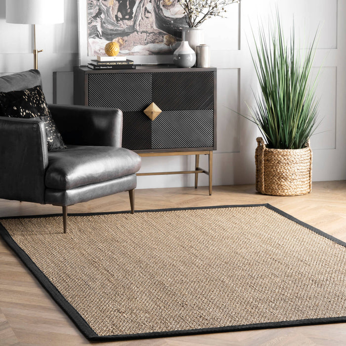 Elijah Seagrass with Border Area Rug: Dark Grey / Rectangle / 5' x 8'