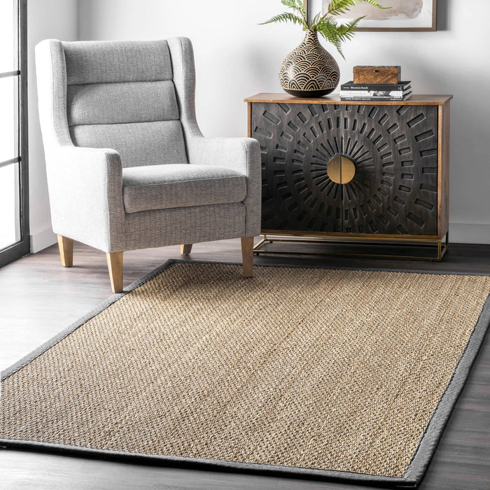 Elijah Seagrass with Border Area Rug: Dark Grey / Rectangle / 3' x 5'