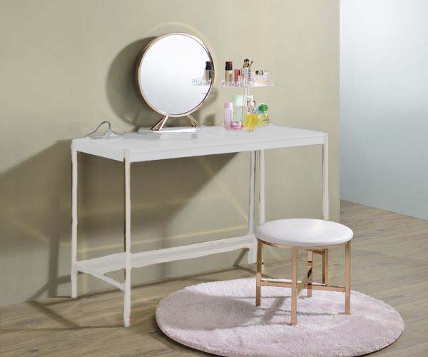 Midriaks - Vanity Mirror & Stool - PU, White & Gold Finish