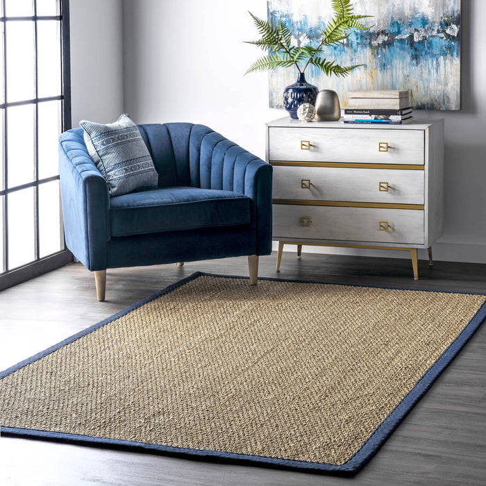 Elijah Seagrass with Border Area Rug: Navy / Rectangle / 5' x 8'